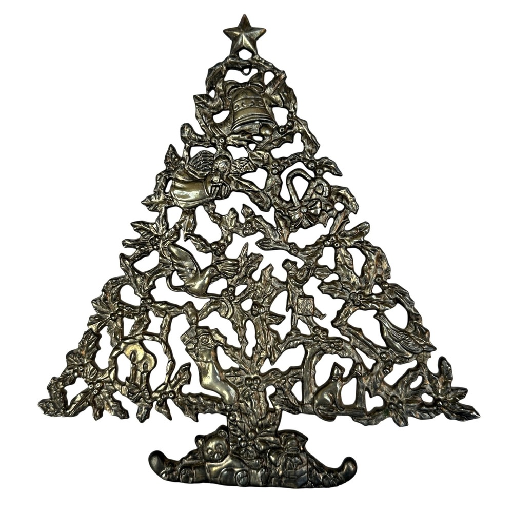 Vintage Silver Metal Filigree Christmas Tree Wall Hanging Tabletop Decor Ornate